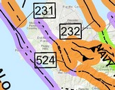This section of the California Fault Activity Map highlights the Monterey Peninsula with its many Quarternary, or surface fault lines...